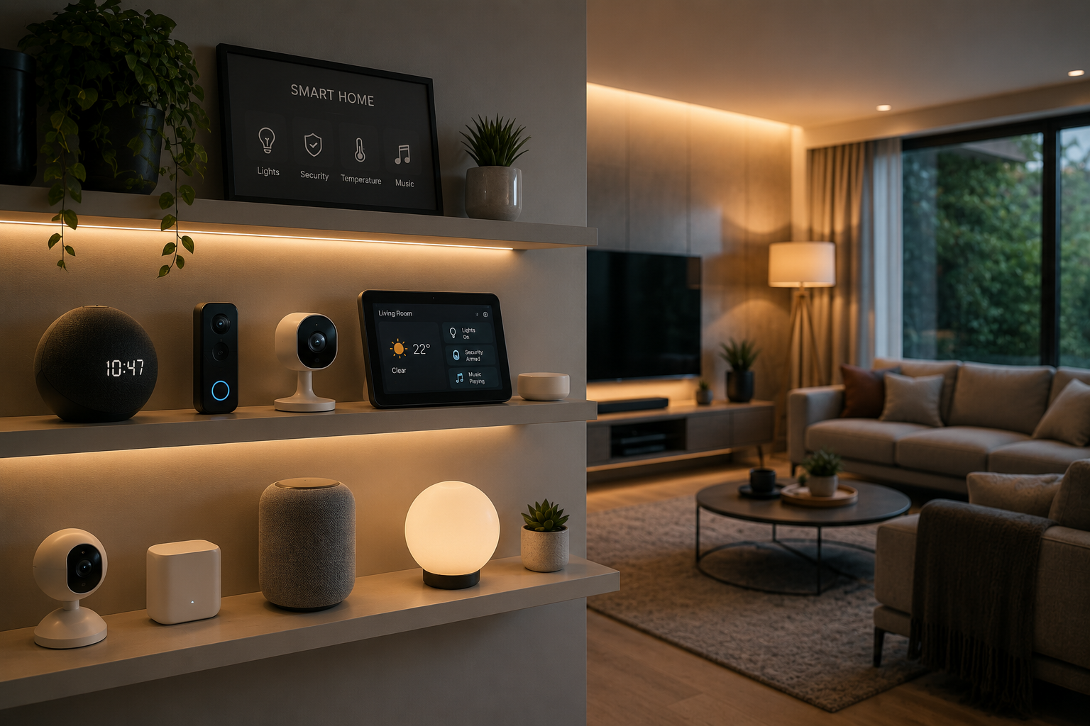 A modern living room with smart home devices on a shelf