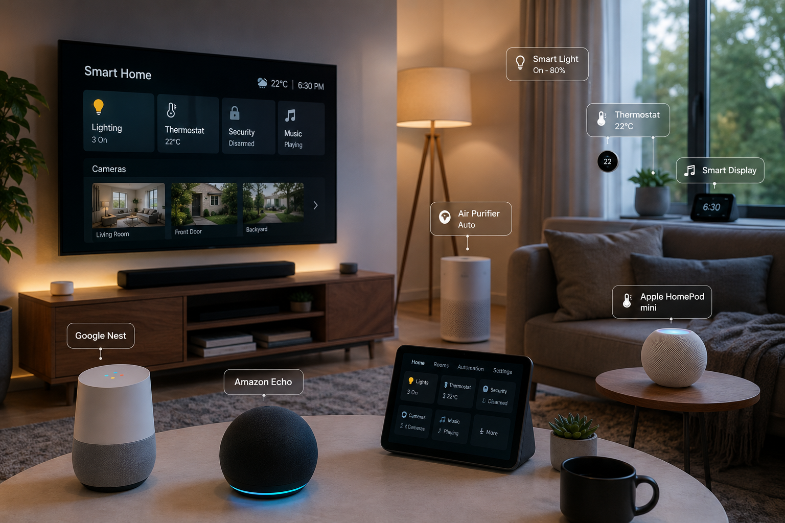 Modern living room featuring smart speakers and connected home devices