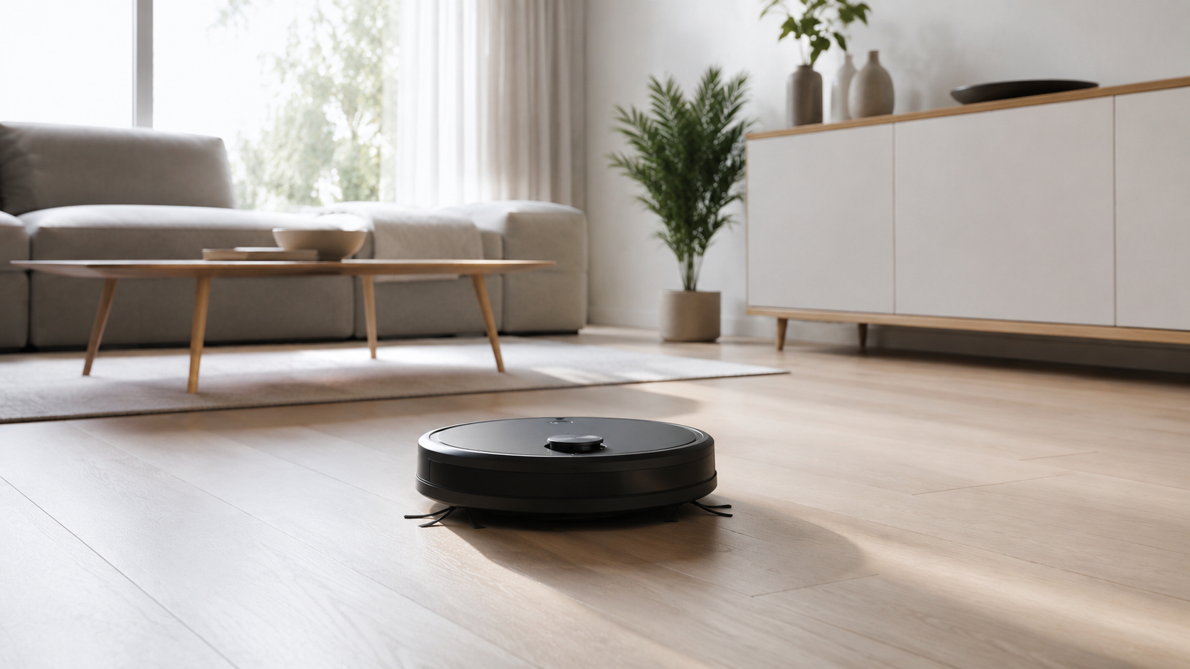A robot vacuum cleaning a modern living room floor