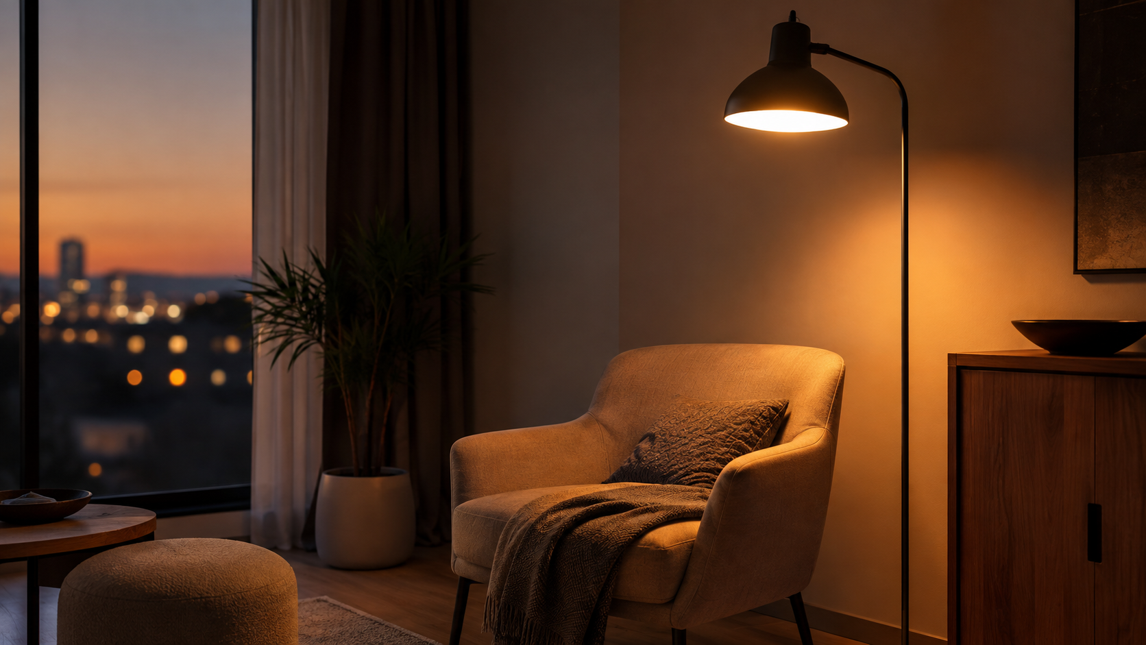 A modern living room lit by a warm-toned smart bulb in a floor lamp