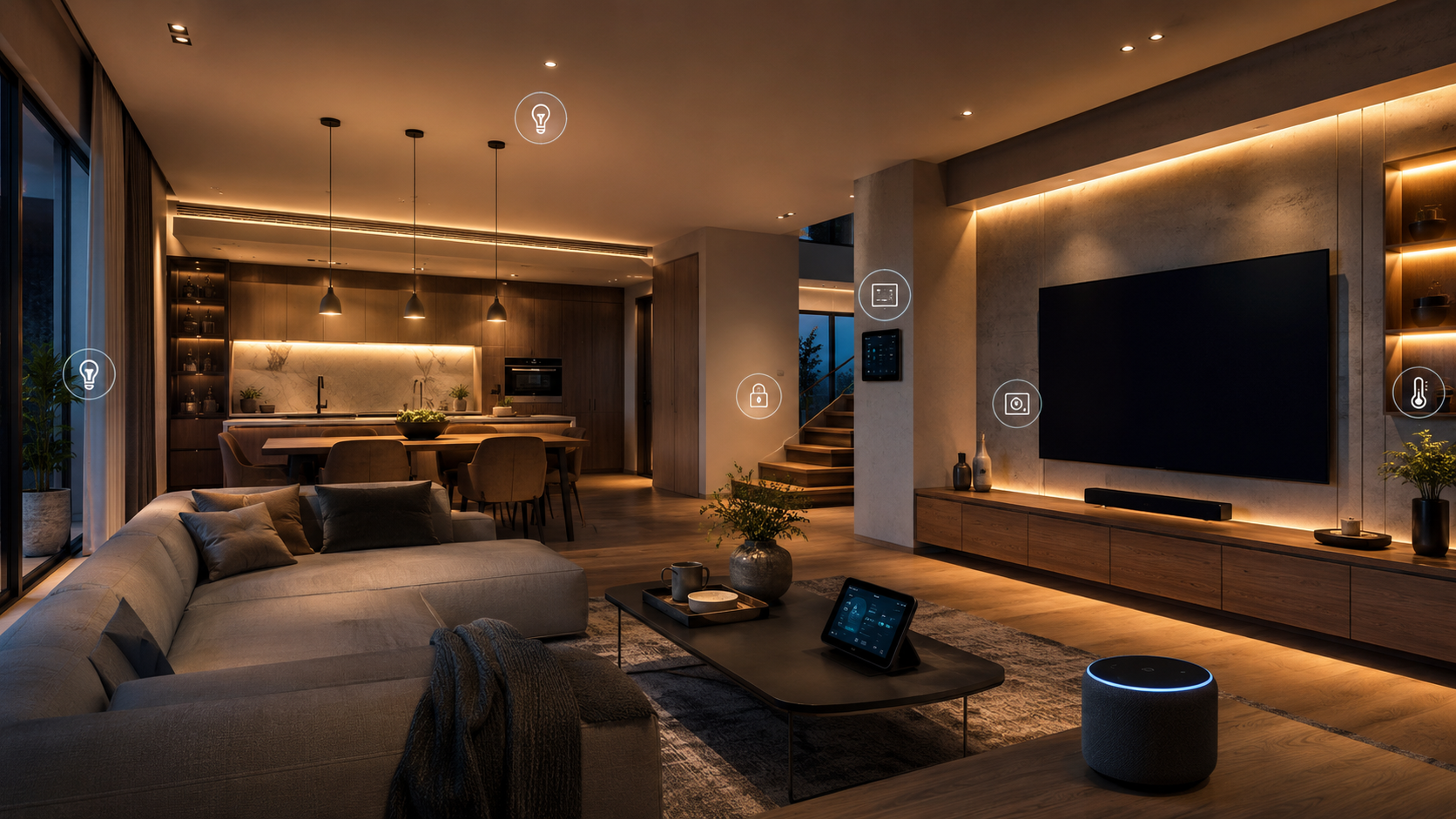 Modern smart home interior with connected devices