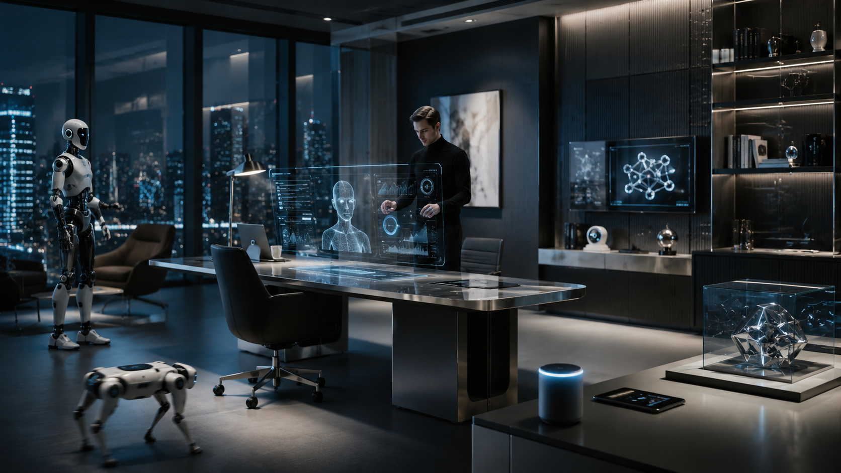 Futuristic technology workspace showing AI, robotics, and connected devices