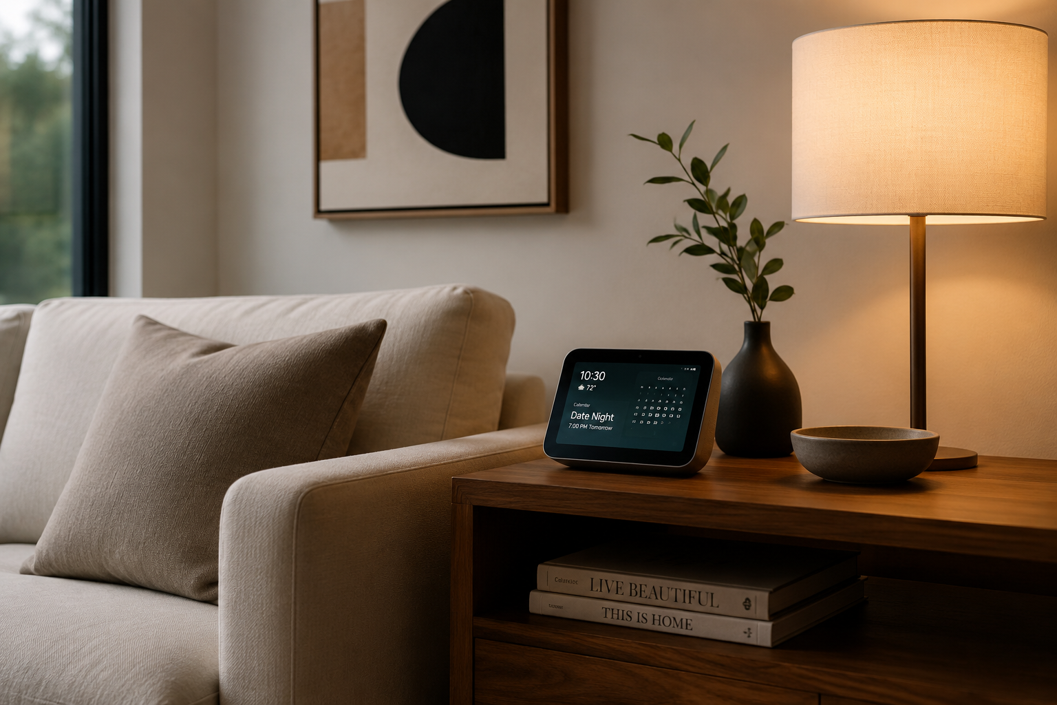 A cozy modern living room setup featuring warm smart lighting and a smart display on a side table.